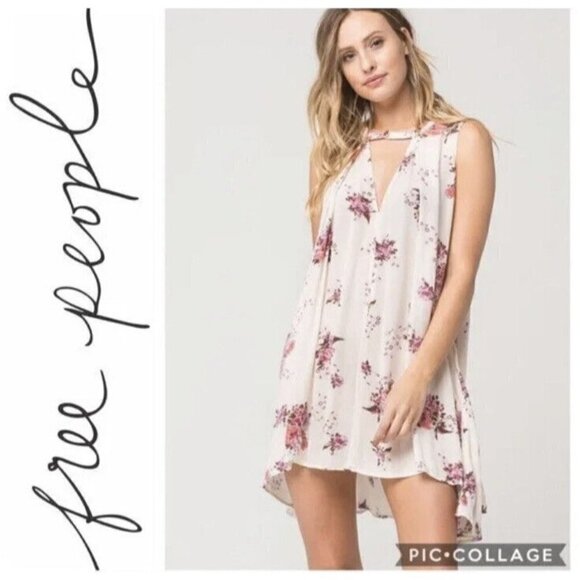 Free People Tree Swing Ivory Floral Sleeveless Pocket Tunic Rayon Dress XS - Picture 1 of 5